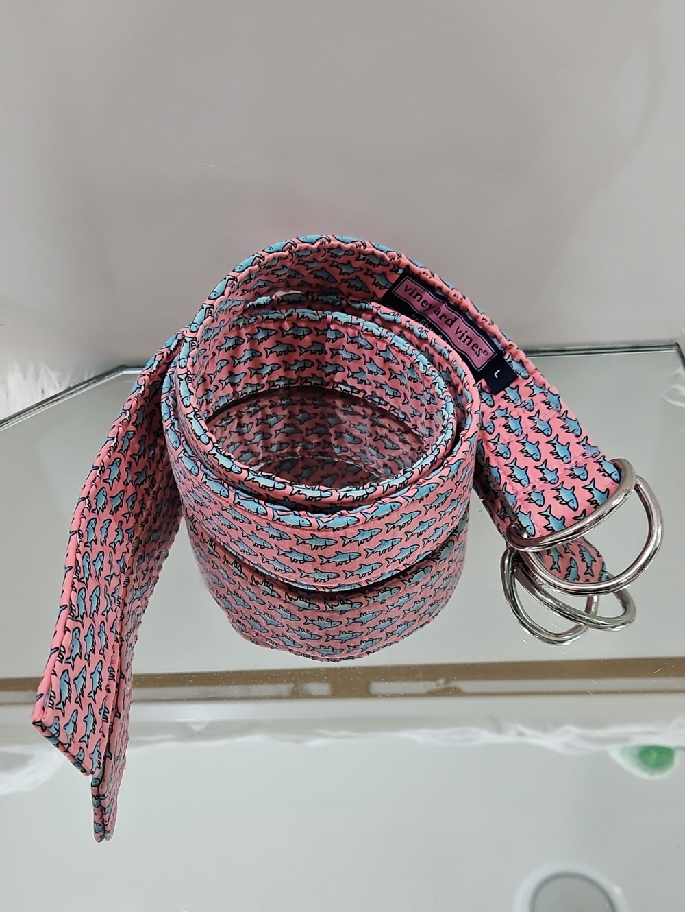 Vineyard Vines Pink and Light Blue Shark Print D-Ring Fabric Belt